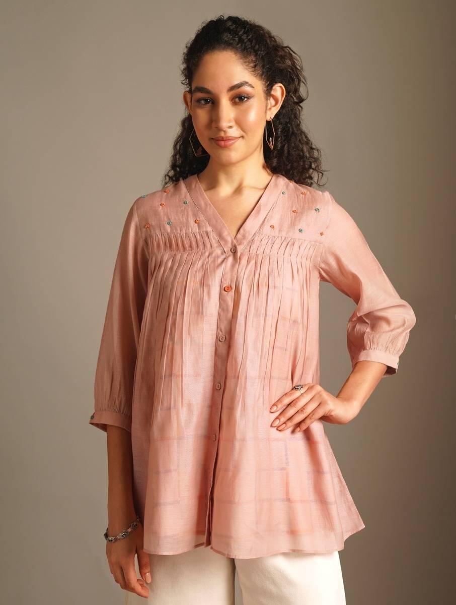Women Peach Cotton Silk Solid V Neck Flared Tops