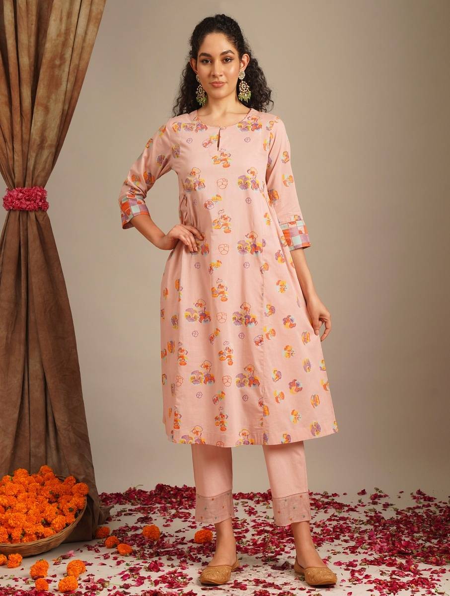Women Peach Cotton Block Print Kurta