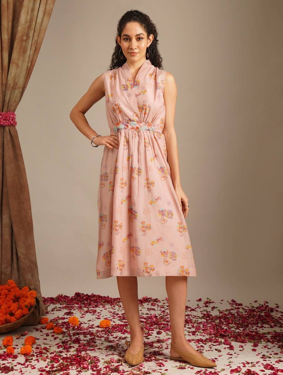 Women Peach Cotton Silk Printed V Neck Block Print Dresses
