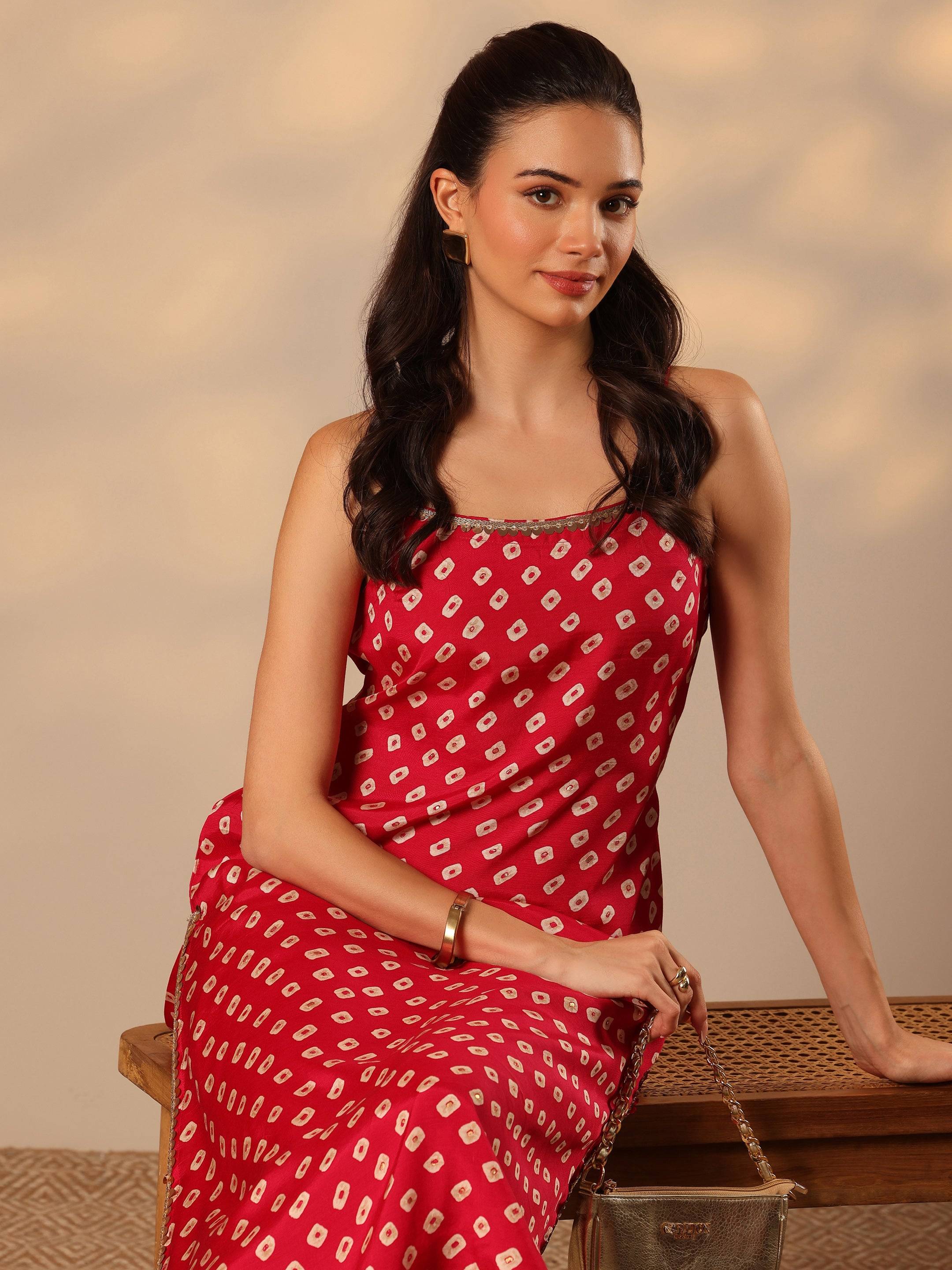 Red Printed Rayon Straight Kurta Set Buy only at ₹2299
