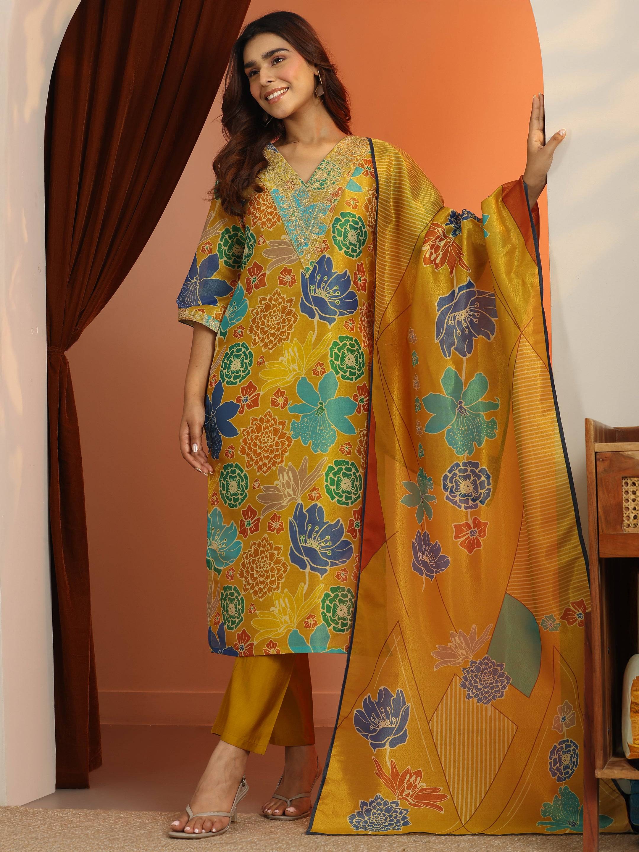 Mustard Printed Silk Blend Straight Sui... Buy only at ₹3499