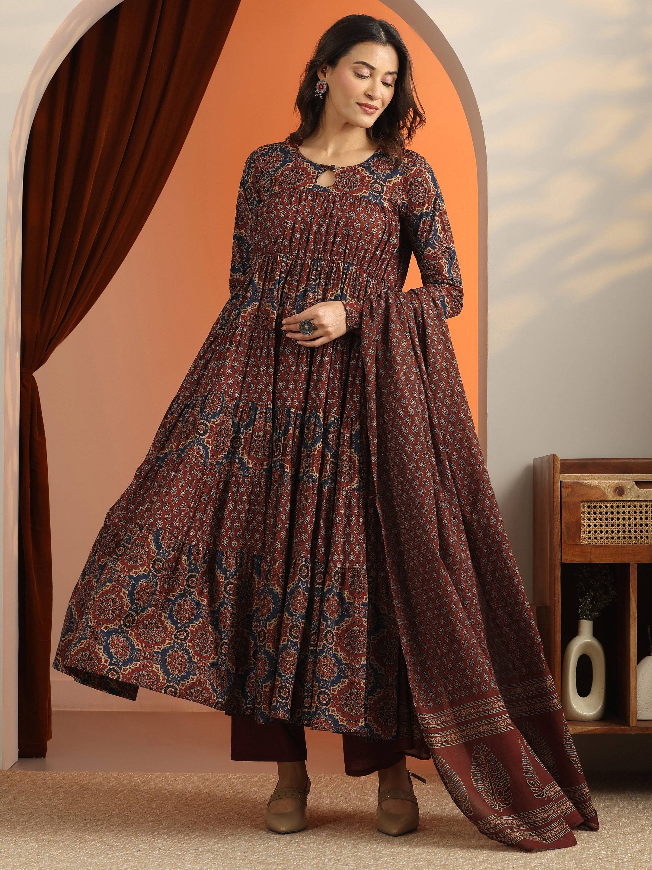 Rust Printed Cotton Anarkali Suit Set W... Buy only at ₹3699