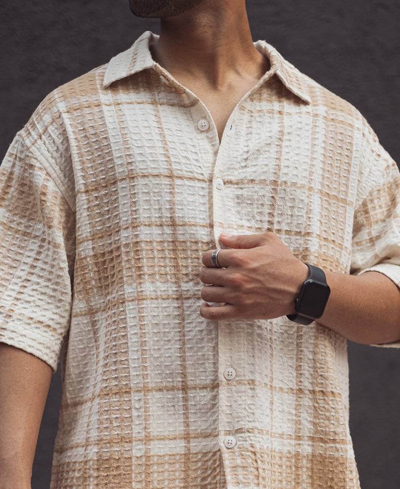 Beige and Off White Waffle Oversized Checks Half Sleeves Shirt Buy @ ₹499