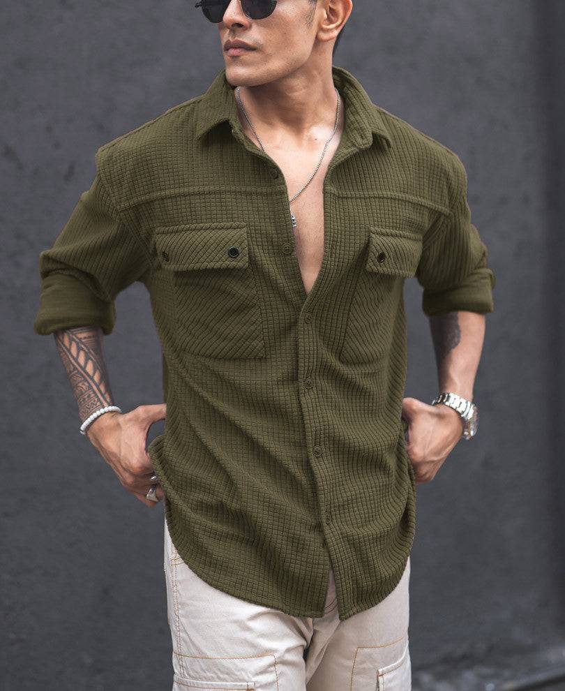 Olive Green Structured Knit Oversized Shirt Buy @ ₹1199