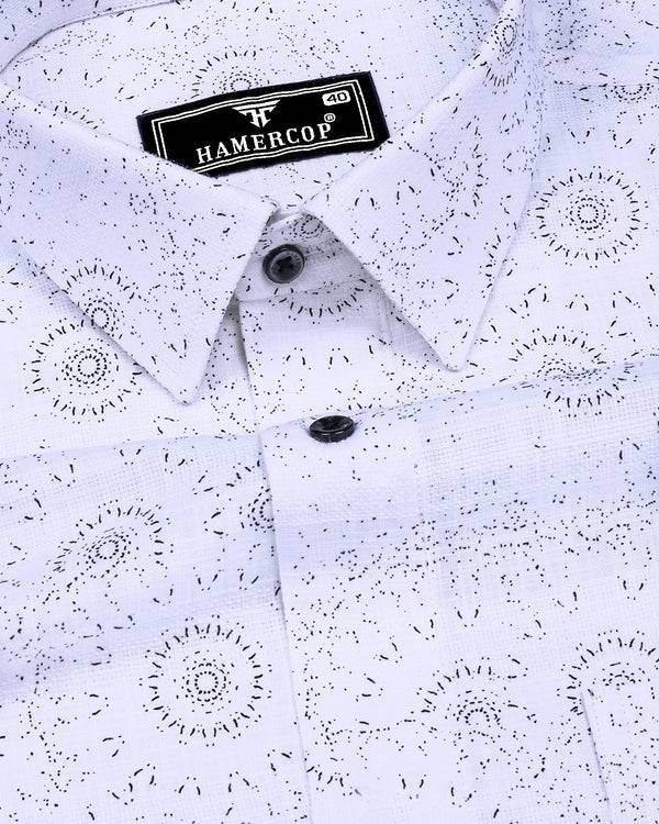 Bolzano White With Black Printed Self Weft Stripe Dobby Cotton Shirt