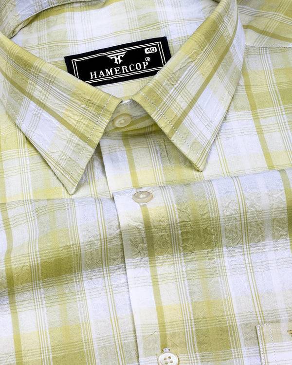 Glitzy Sage Green With White Check Seersucker Cotton Shirt