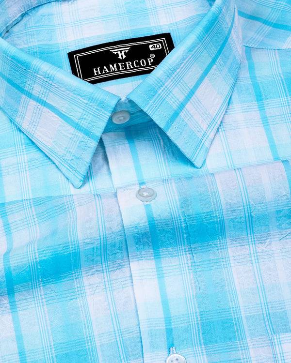 Glitzy Aquablue With White Check Seersucker Cotton Shirt
