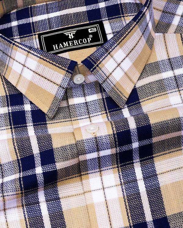 Cream With Blue Check Dobby Cotton Formal Shirt