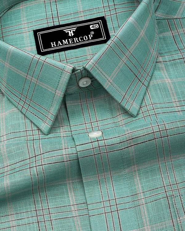 Hybrid Green With Gray Check Linen Cotton Shirt