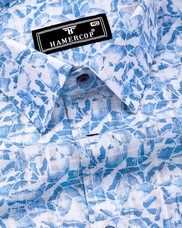 Polymer Blue With White Printed Dobby Cotton Shirt
