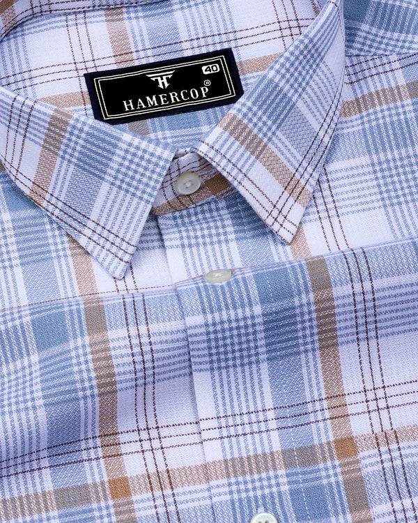 Yuxi Cream With Gray Check Dobby Cotton Formal Shirt