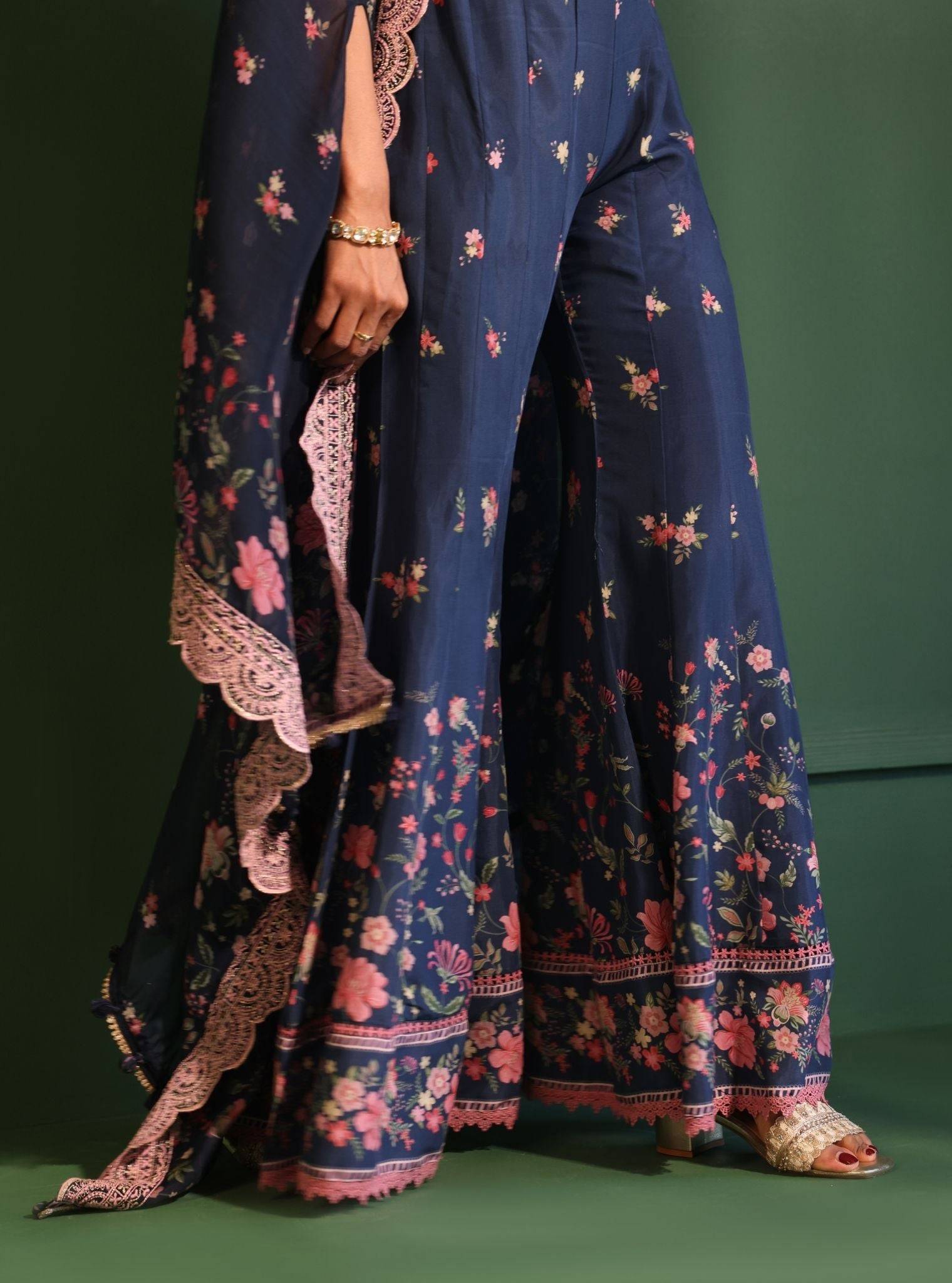 Laila Organza Printed Navy Cape Shrug With Sharara