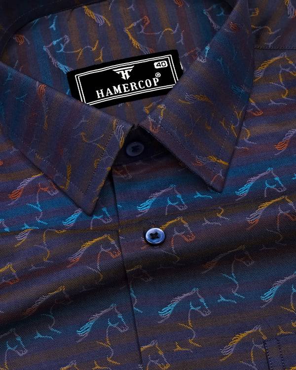 Rangoon Yellow With Blue Stripe Purple Jacquard Cotton Shirt