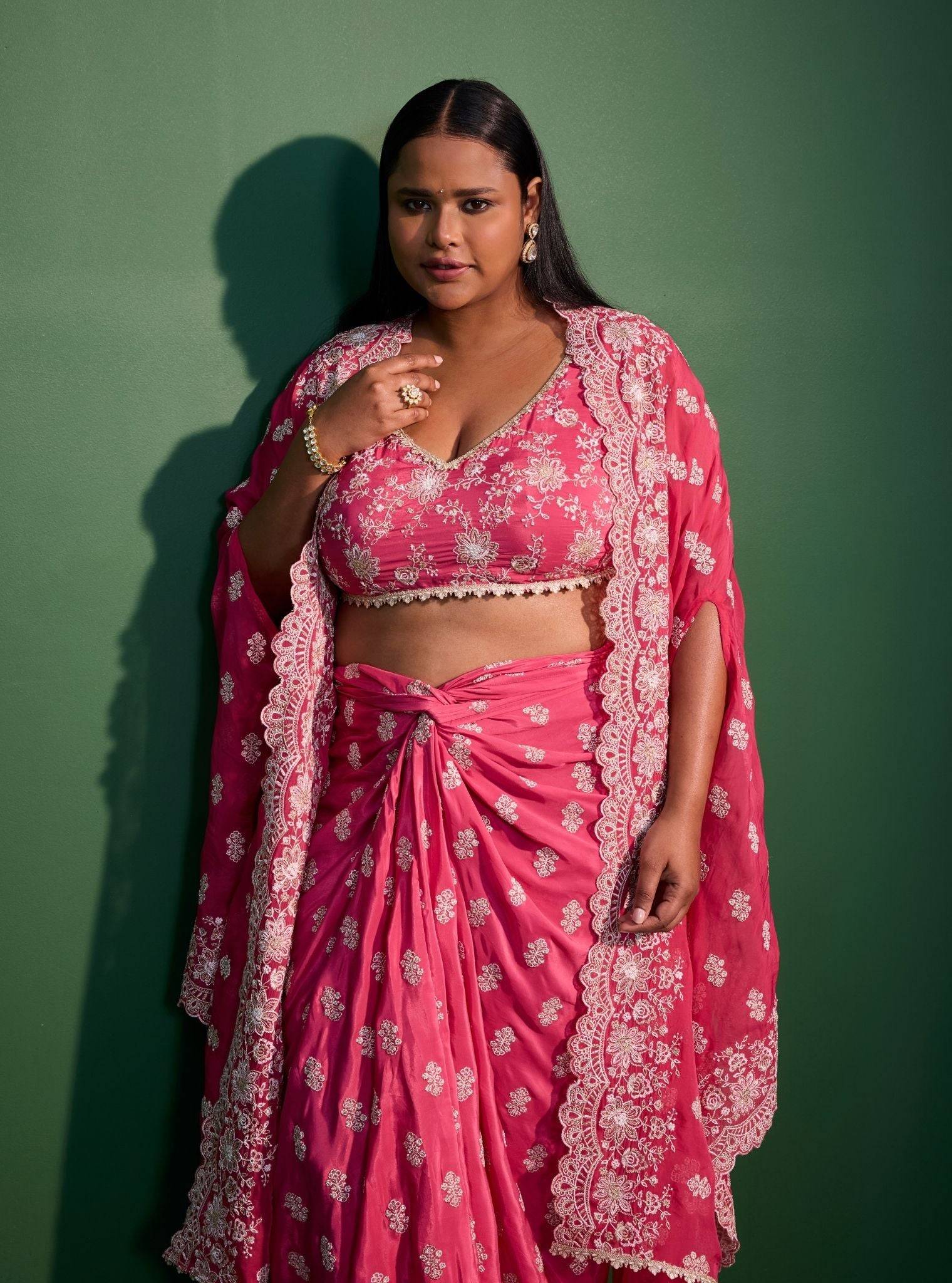 Maya Organza Fuschia Cape Shrug With Skirt