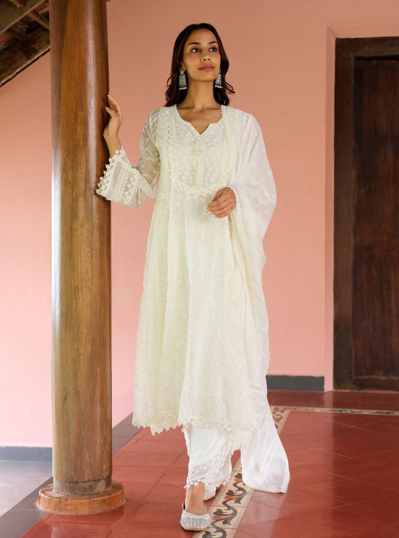 Keerth Organza White Anarkali Kurta Set