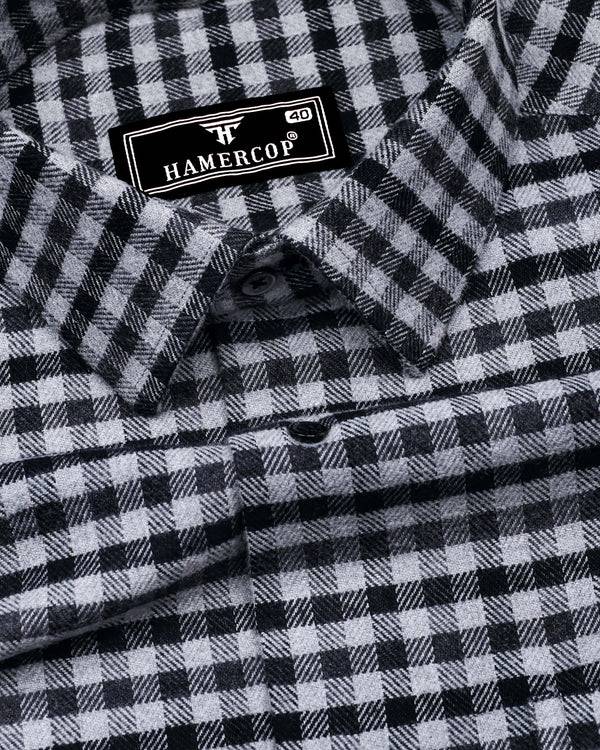 Black With Gray Plaid Flannel Brushed Check Cotton Shirt