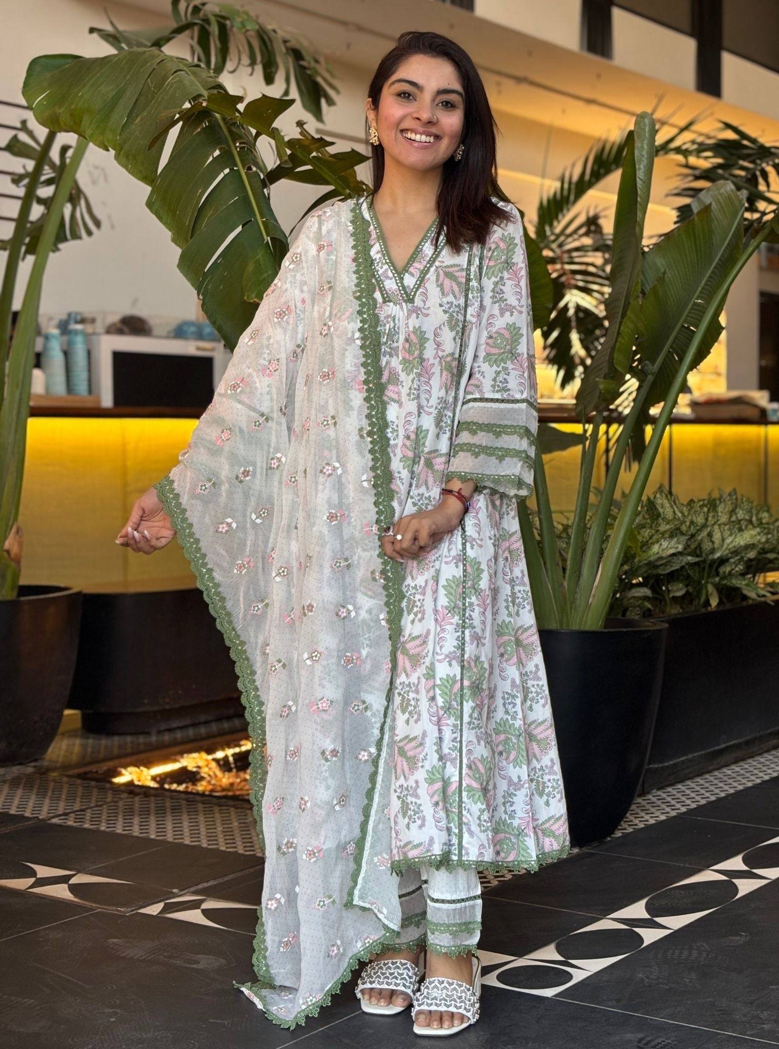 Bellamy Cotton Printed Green Kurta Set