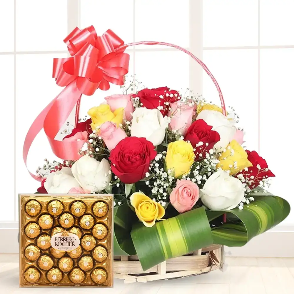 Mixed Color Roses in a Basket & Chocolates