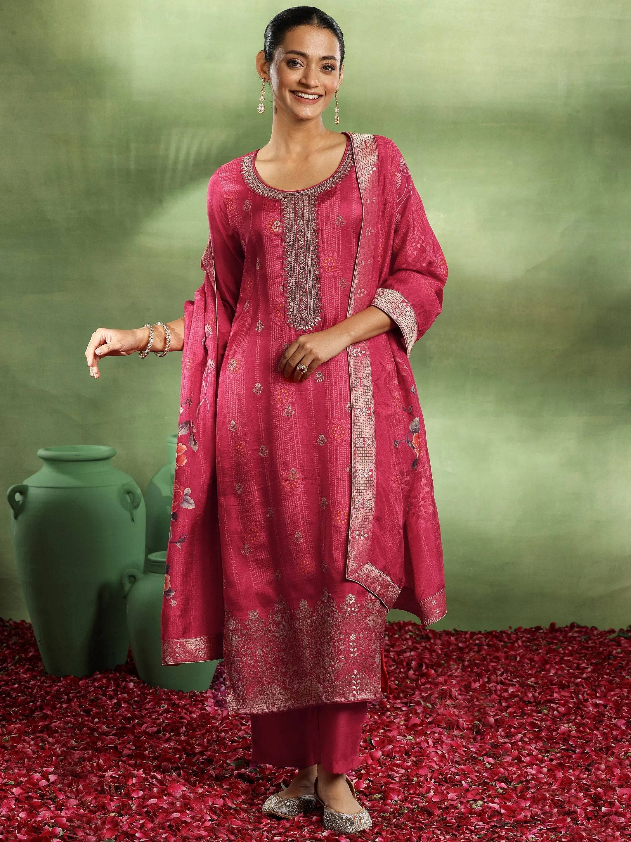 Pink Woven Design Silk Blend Straight S... Buy only at ₹6499