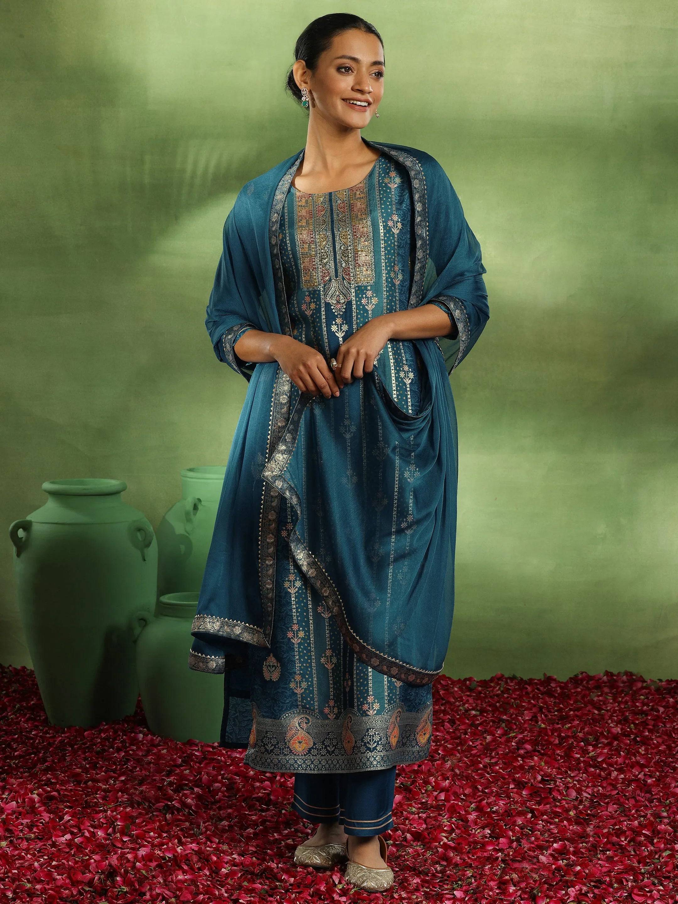 Blue Woven Design Silk Blend Straight S... Buy only at ₹5999