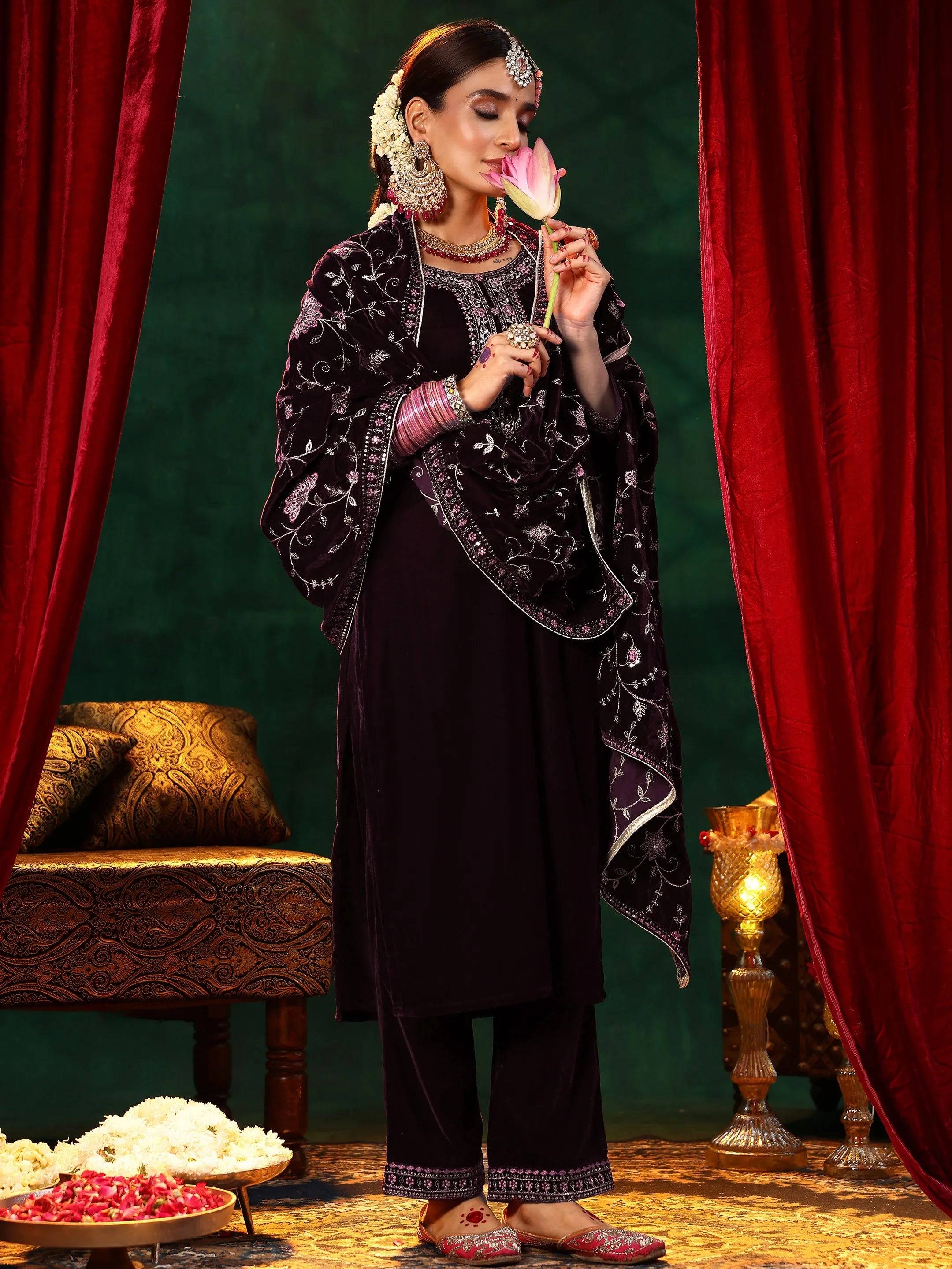 Burgundy Yoke Design Velvet Straight Su... Buy only at ₹7999