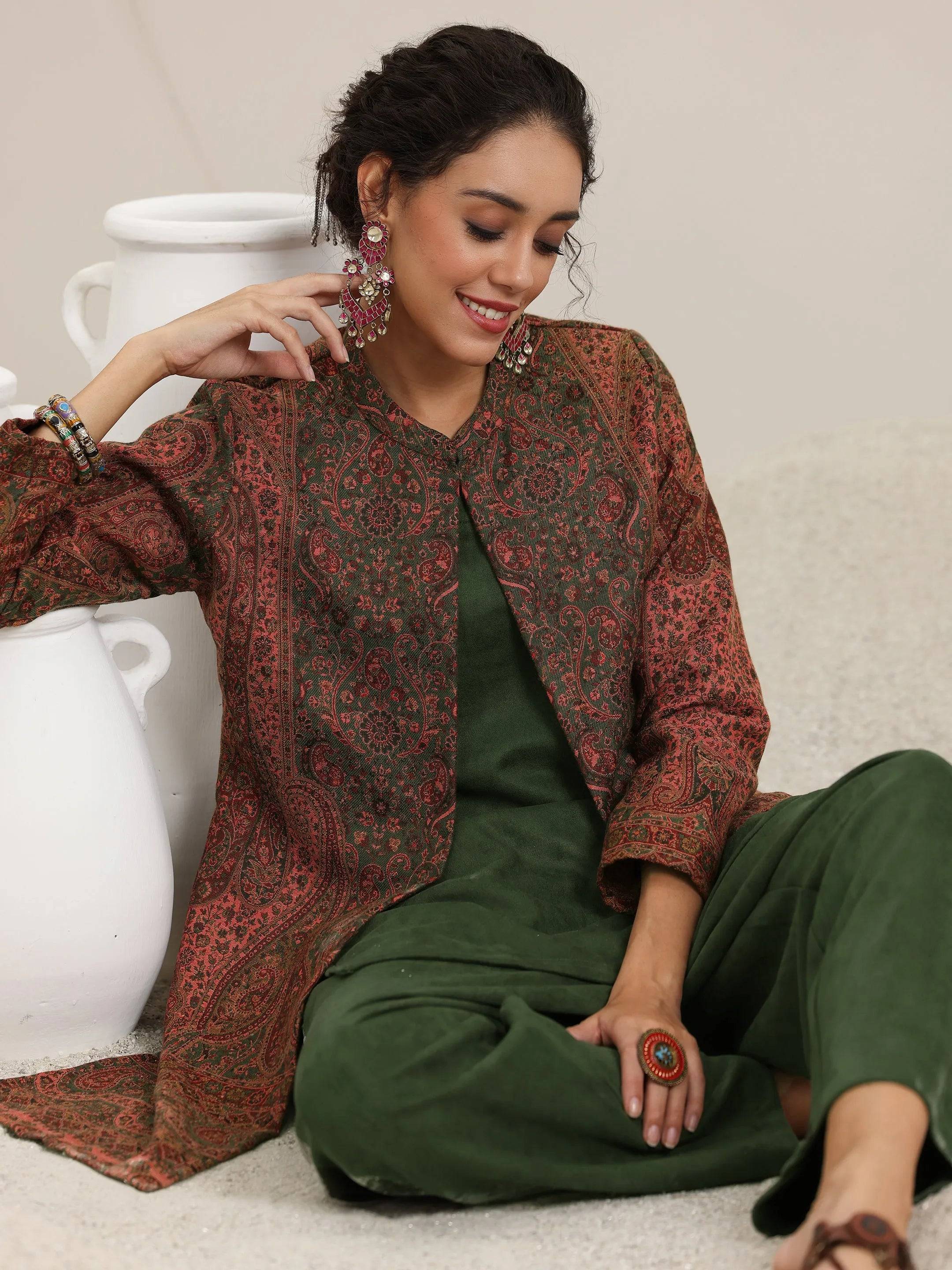 Olive Solid Wool Blend Straight Kurta W... Buy only at ₹8999