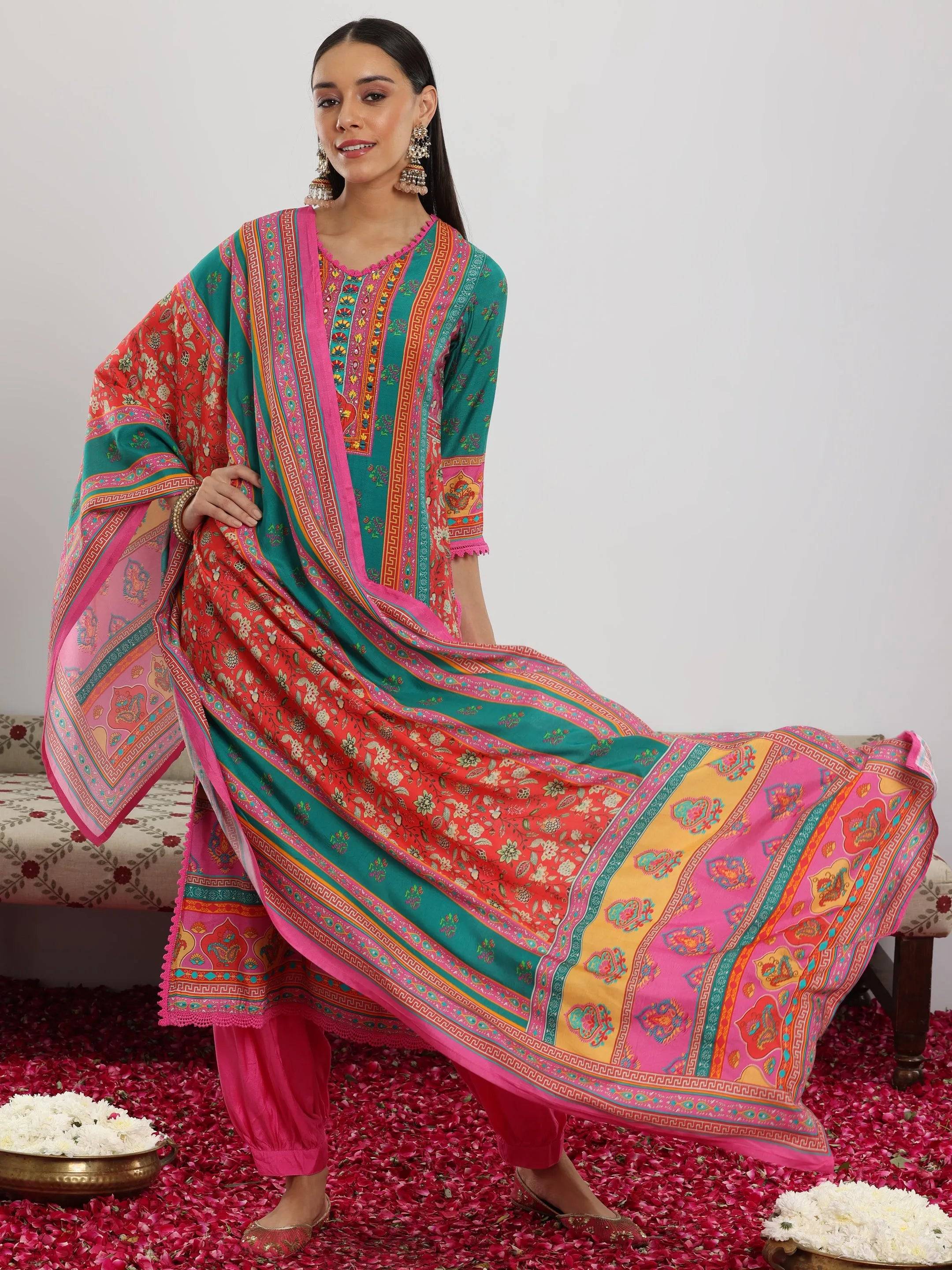 Multi Printed Silk Blend Straight Suit ... Buy only at ₹6999