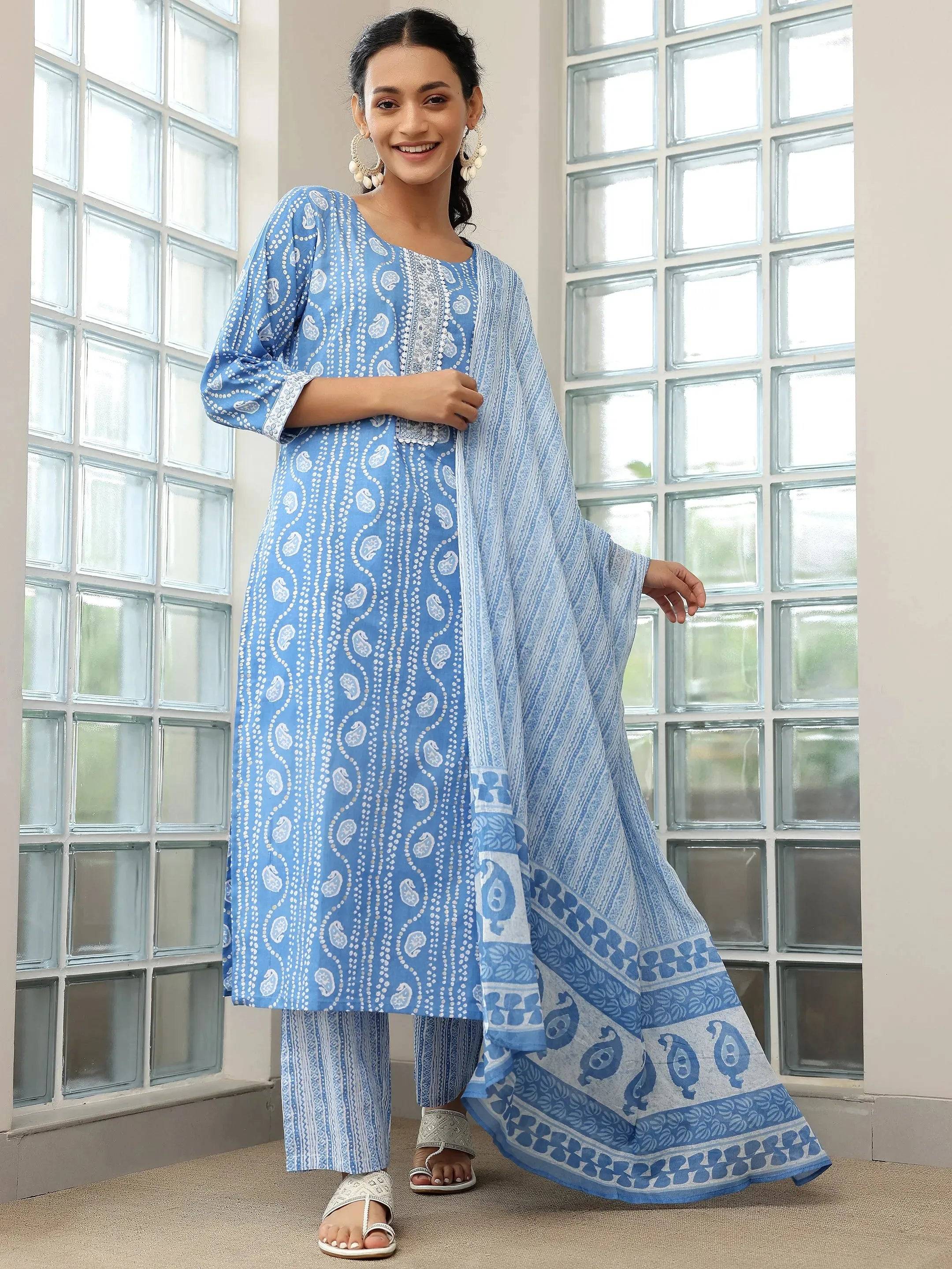 Blue Printed Cotton Straight Suit With ... Buy only at ₹3999