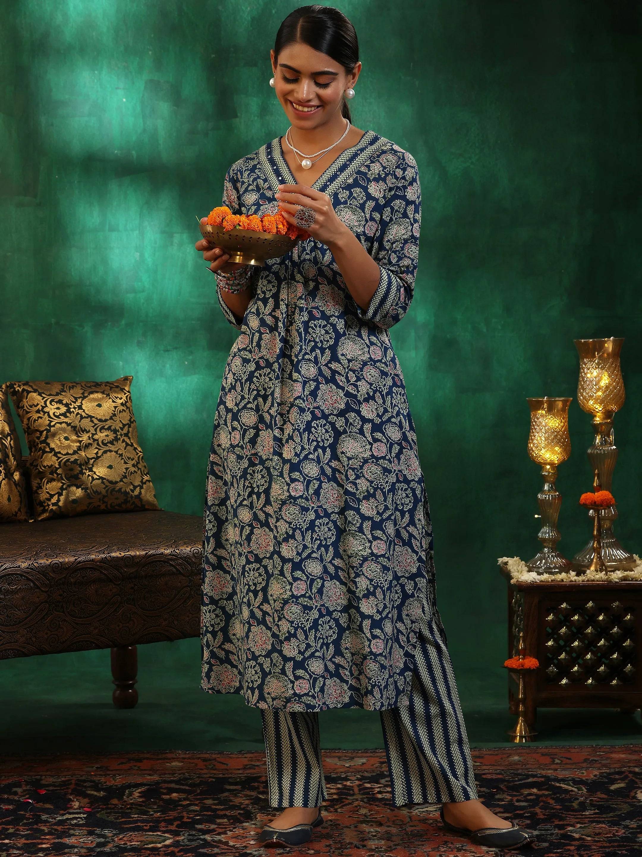 Blue Printed Cotton Straight Kurta Set Buy only at ₹2999