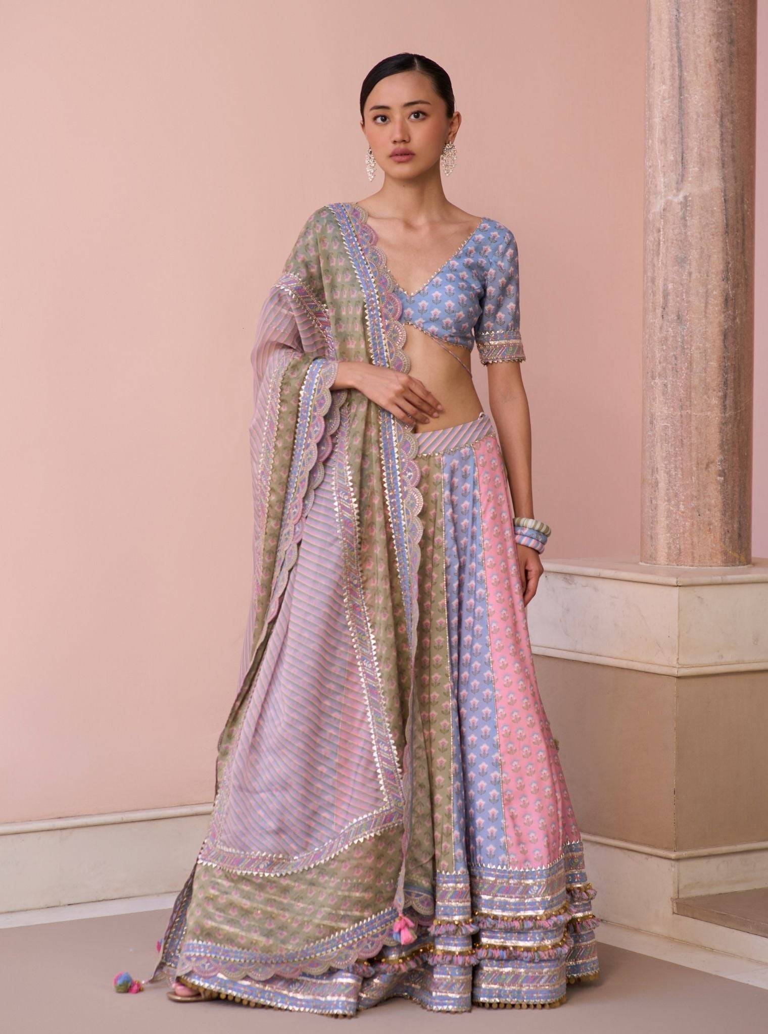 Indira Steel Blue Printed Lawn Lehenga Set