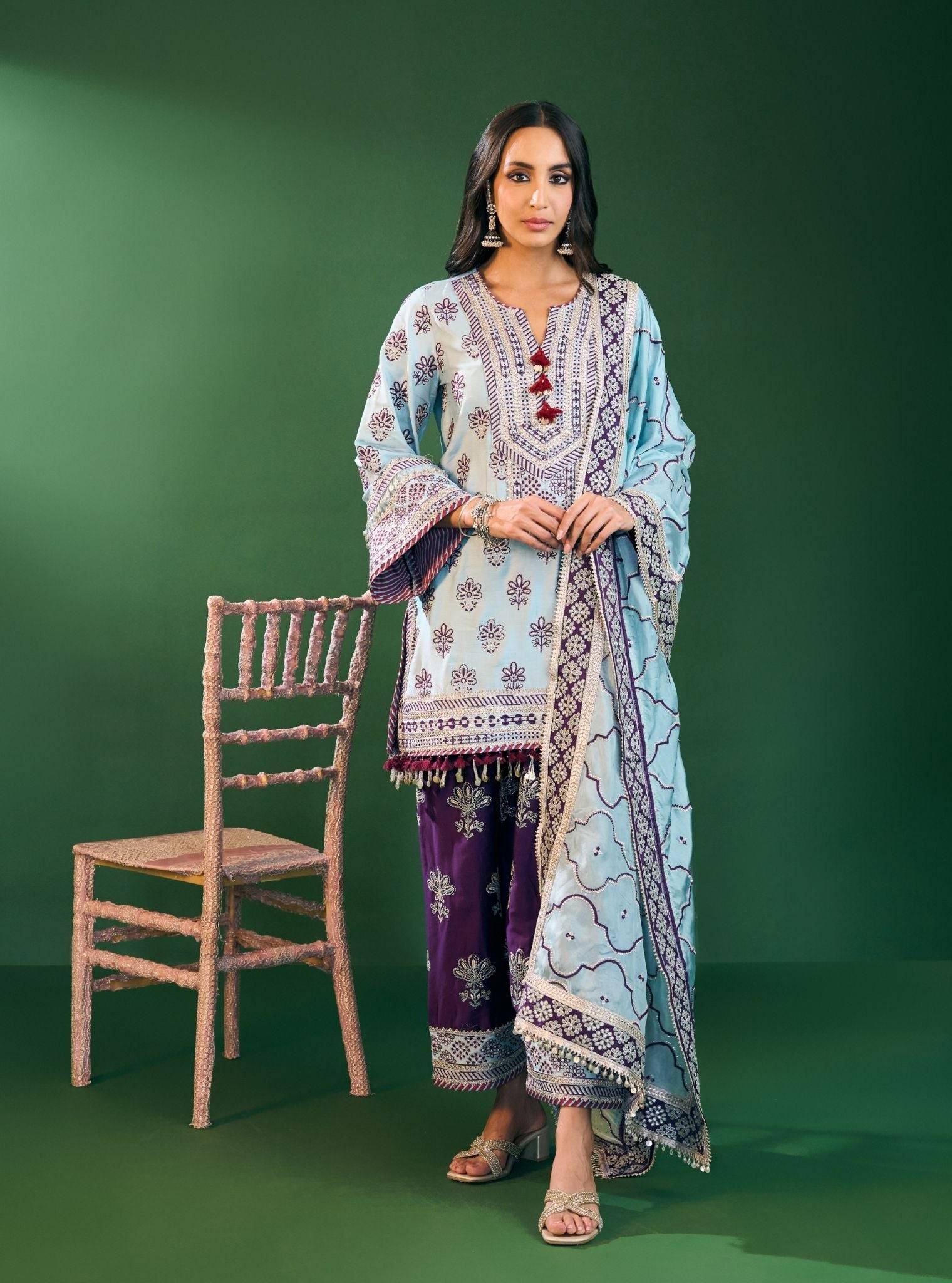 Lani Pima Satin Sky Blue Kurta with Farshi Salwar