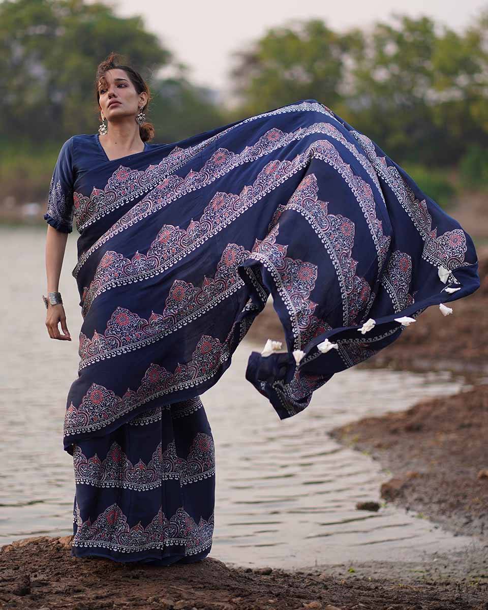 Elishat Black Block printed Modal Silk Saree - Jaisal