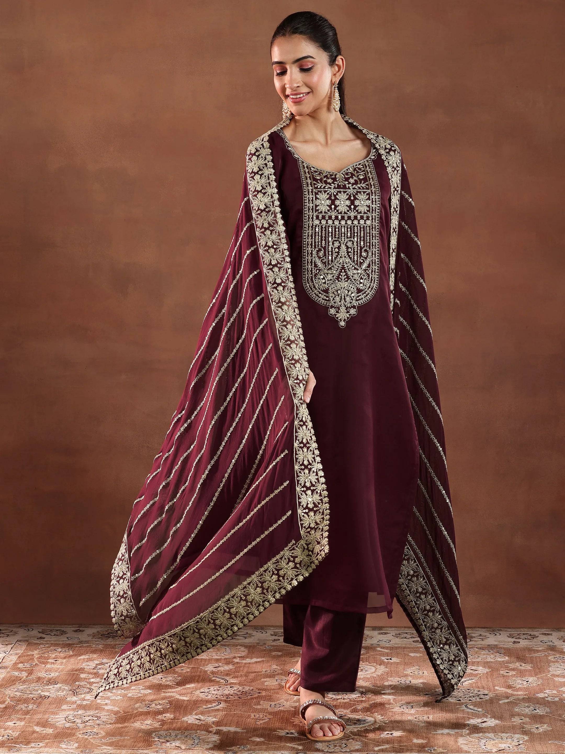 Maroon Yoke Design Organza Straight Sui... Buy only at ₹5999