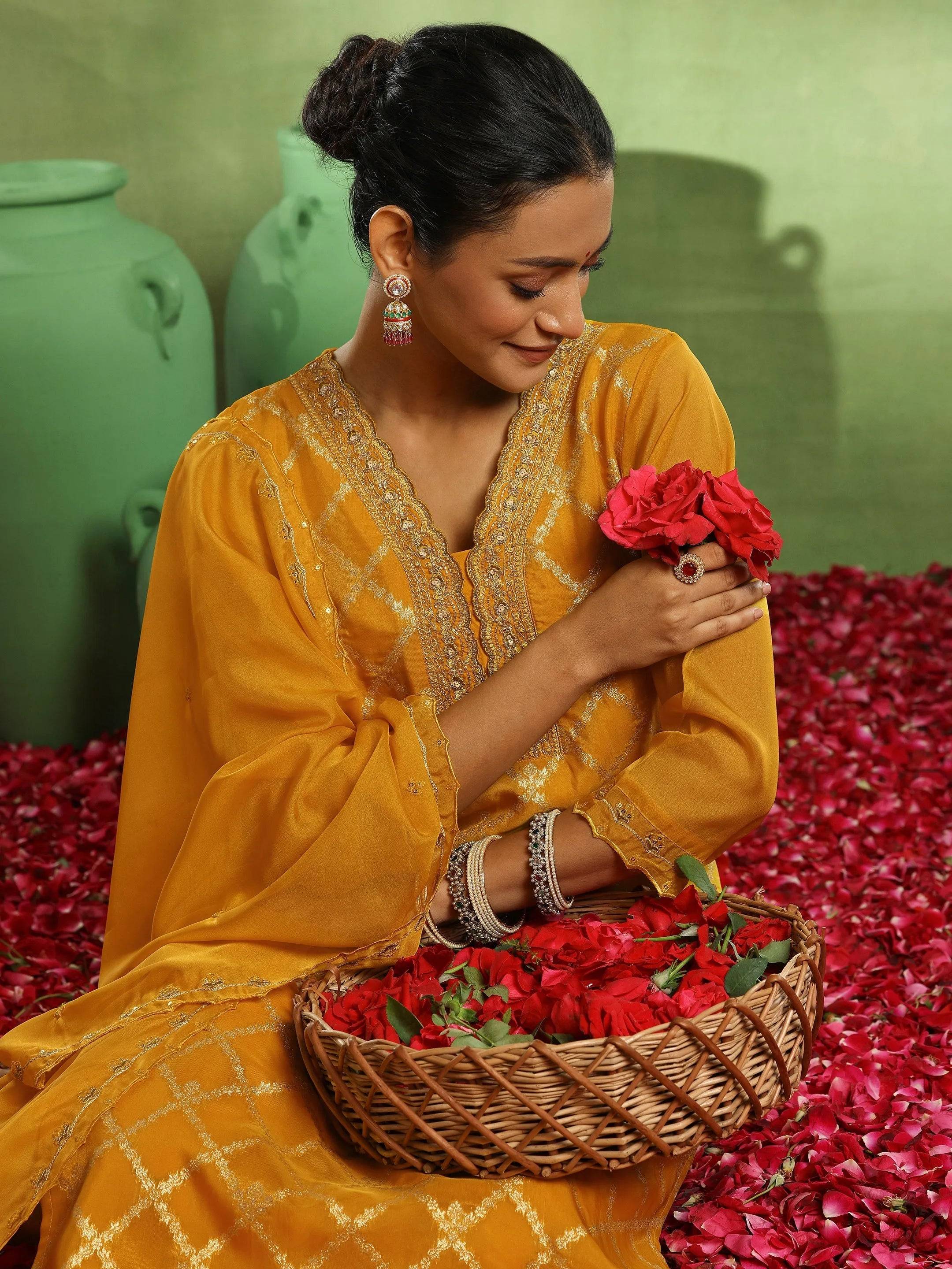 Yellow Woven Design Organza Straight Su... Buy only at ₹5499