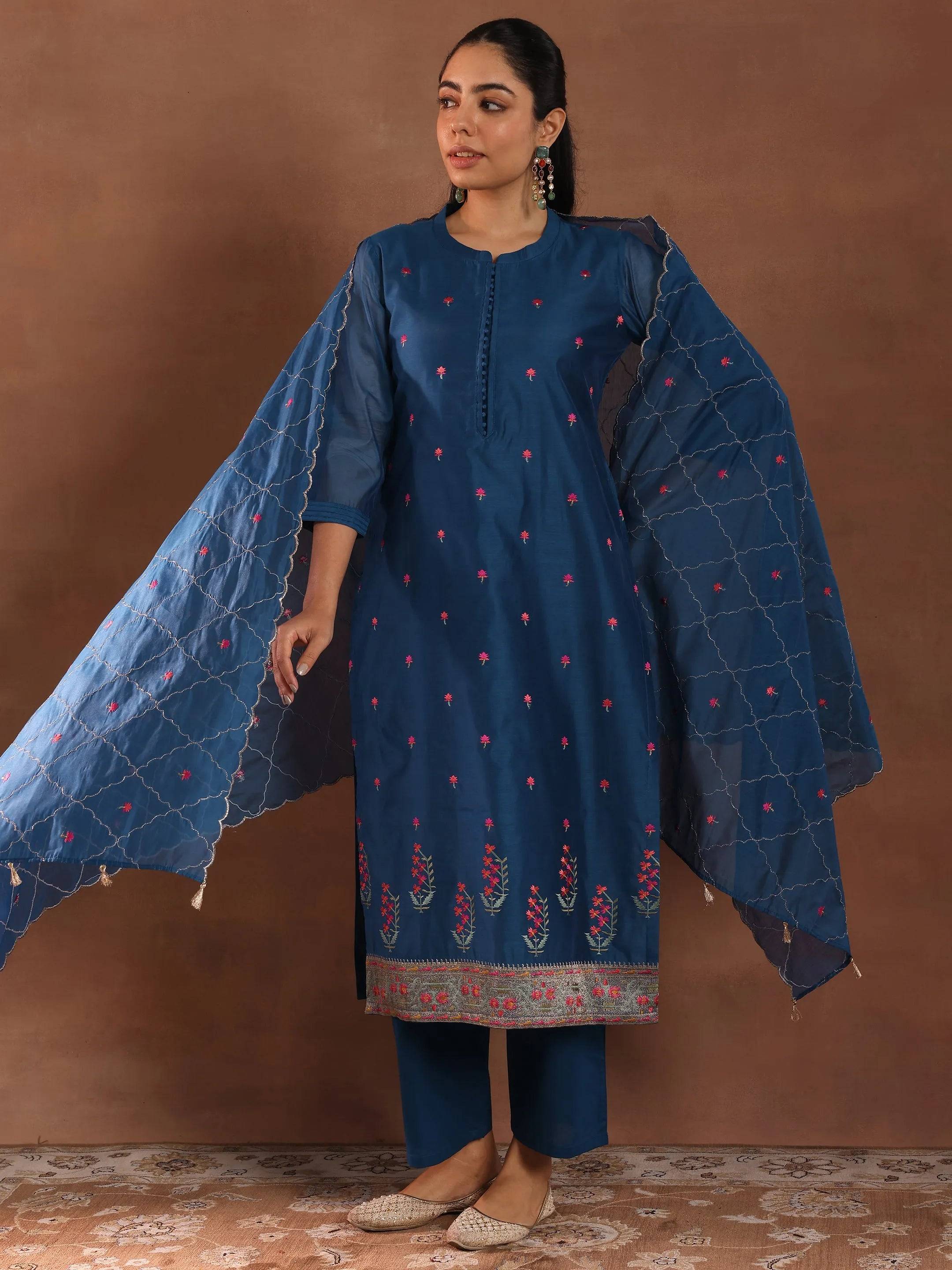 Blue Embroidered Chanderi Silk Straight... Buy only at ₹7499