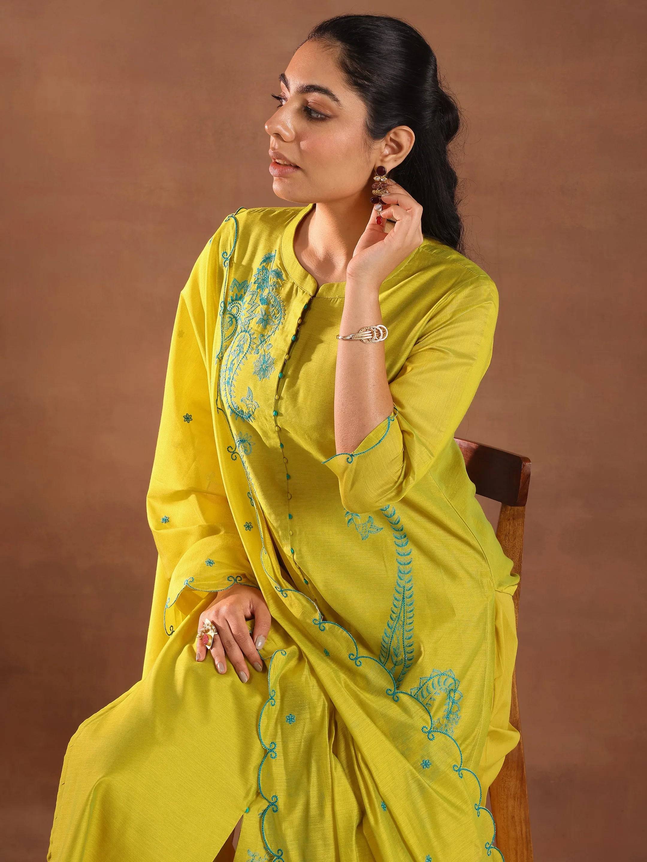 Lime Embroidered Chanderi Silk Straight... Buy only at ₹7499