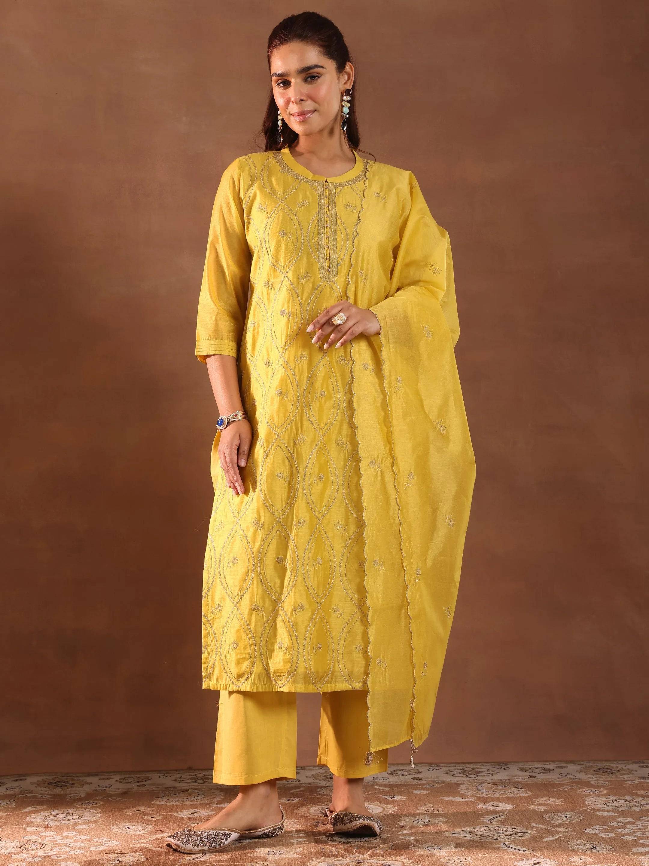 Mustard Embroidered Chanderi Silk Strai... Buy only at ₹7499