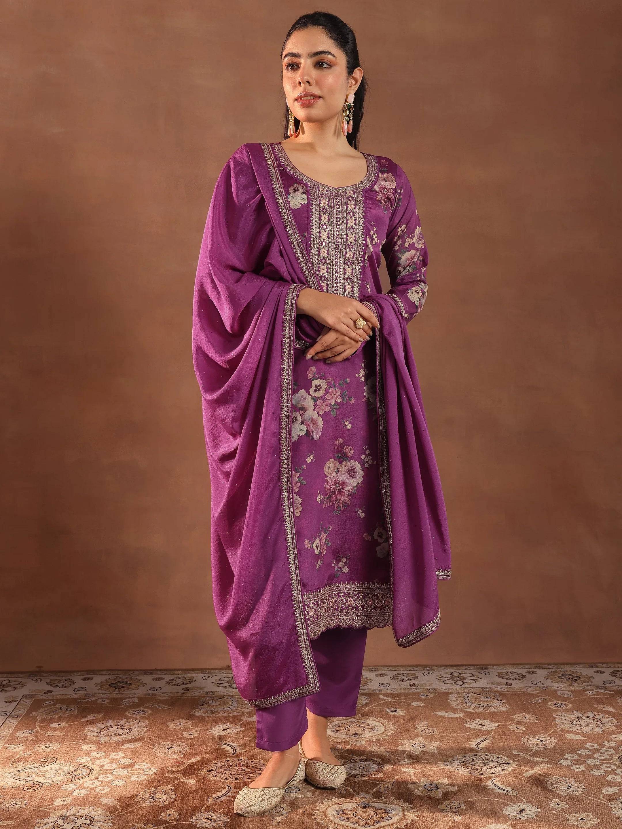 Burgundy Printed Silk Blend Straight Su... Buy only at ₹3799
