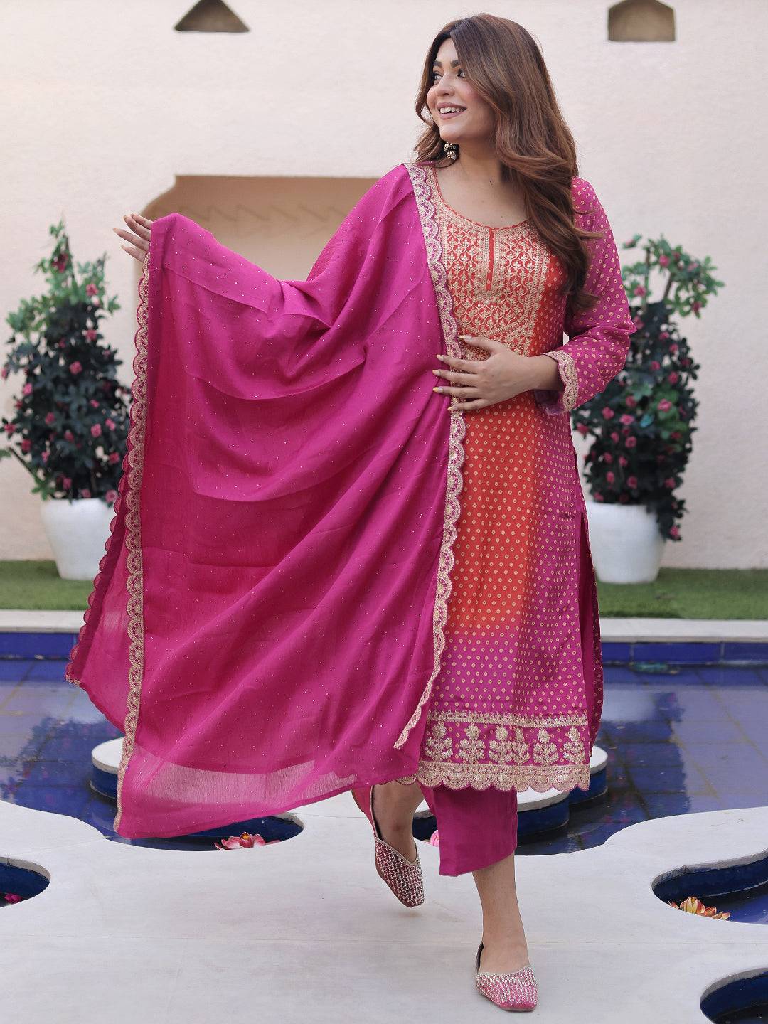 Pink Printed Silk Blend Straight Suit W... Buy only at ₹7799