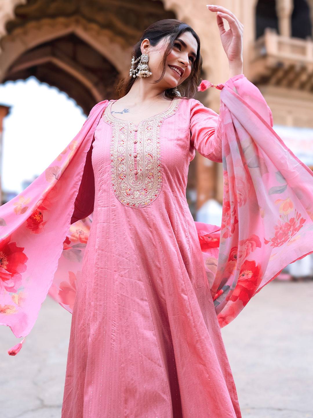 Pink Woven Design Silk Blend Anarkali S... Buy only at ₹4799
