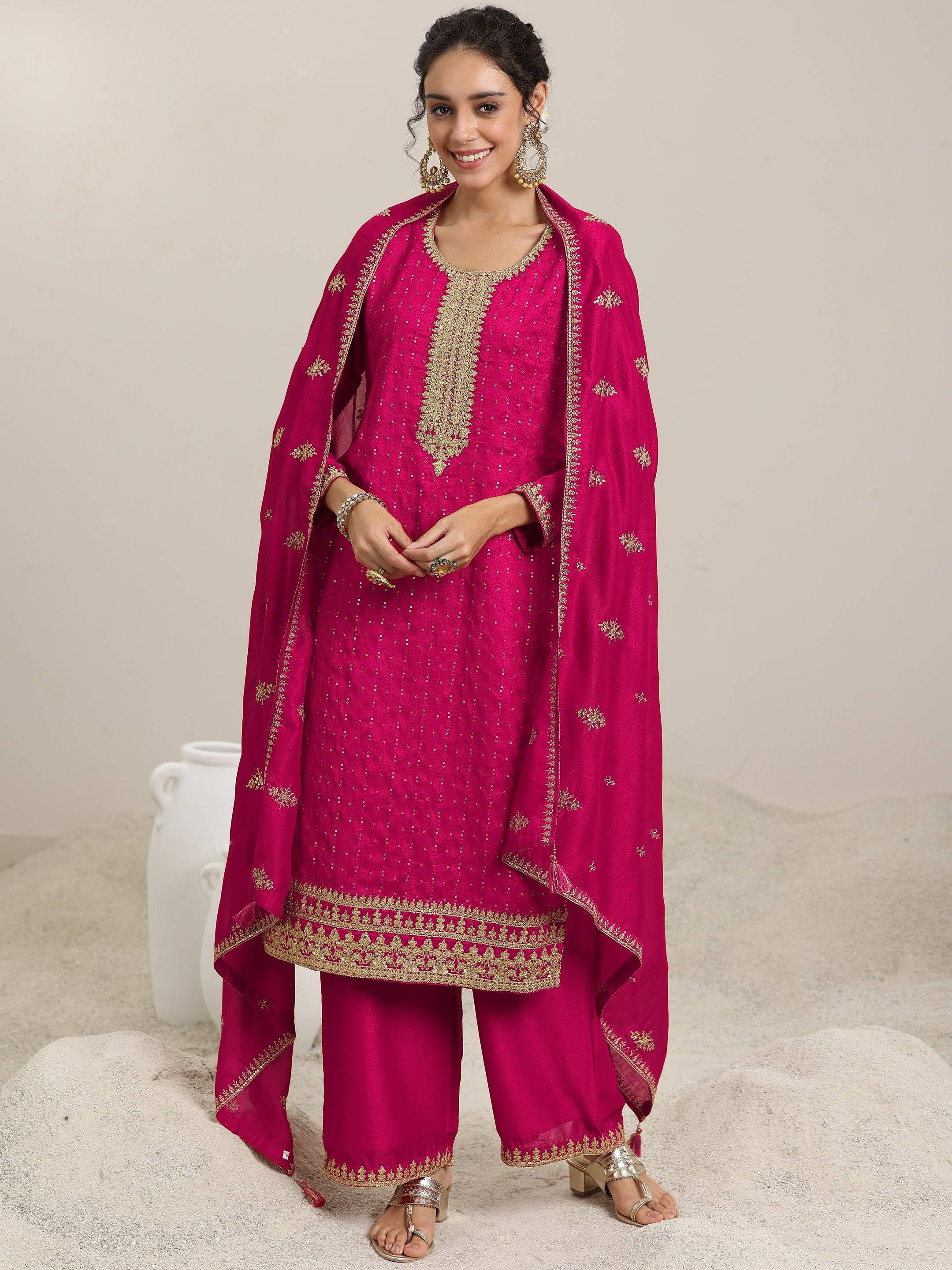 Pink Embellished Silk Blend Straight Ku... Buy only at ₹8249