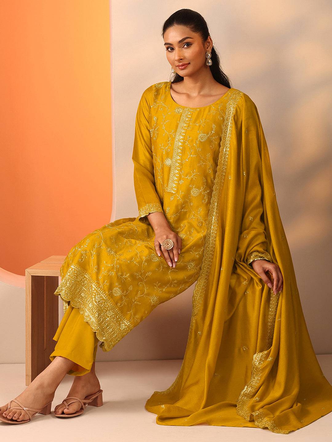 Mustard Embroidered Silk Blend Straight... Buy only at ₹3499