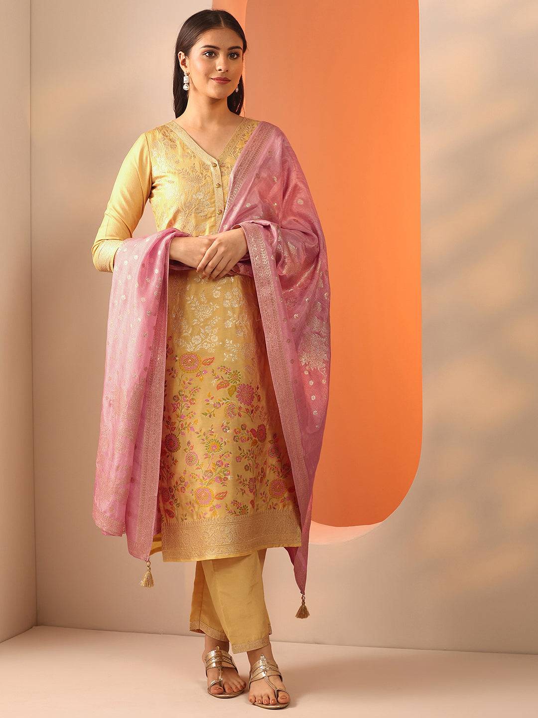 Yellow Woven Design Silk Blend Straight... Buy only at ₹4999