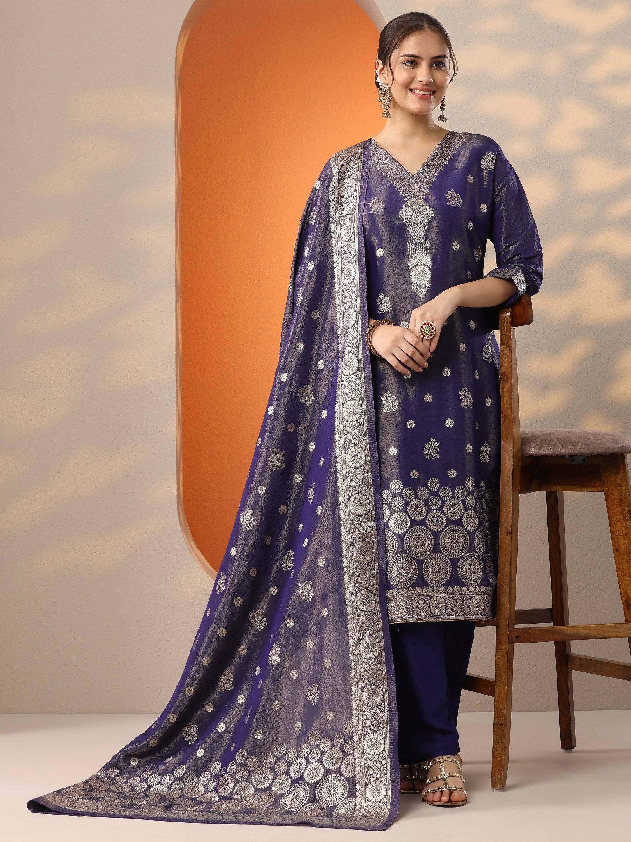 Purple Woven Design Silk Blend Straight... Buy only at ₹4999