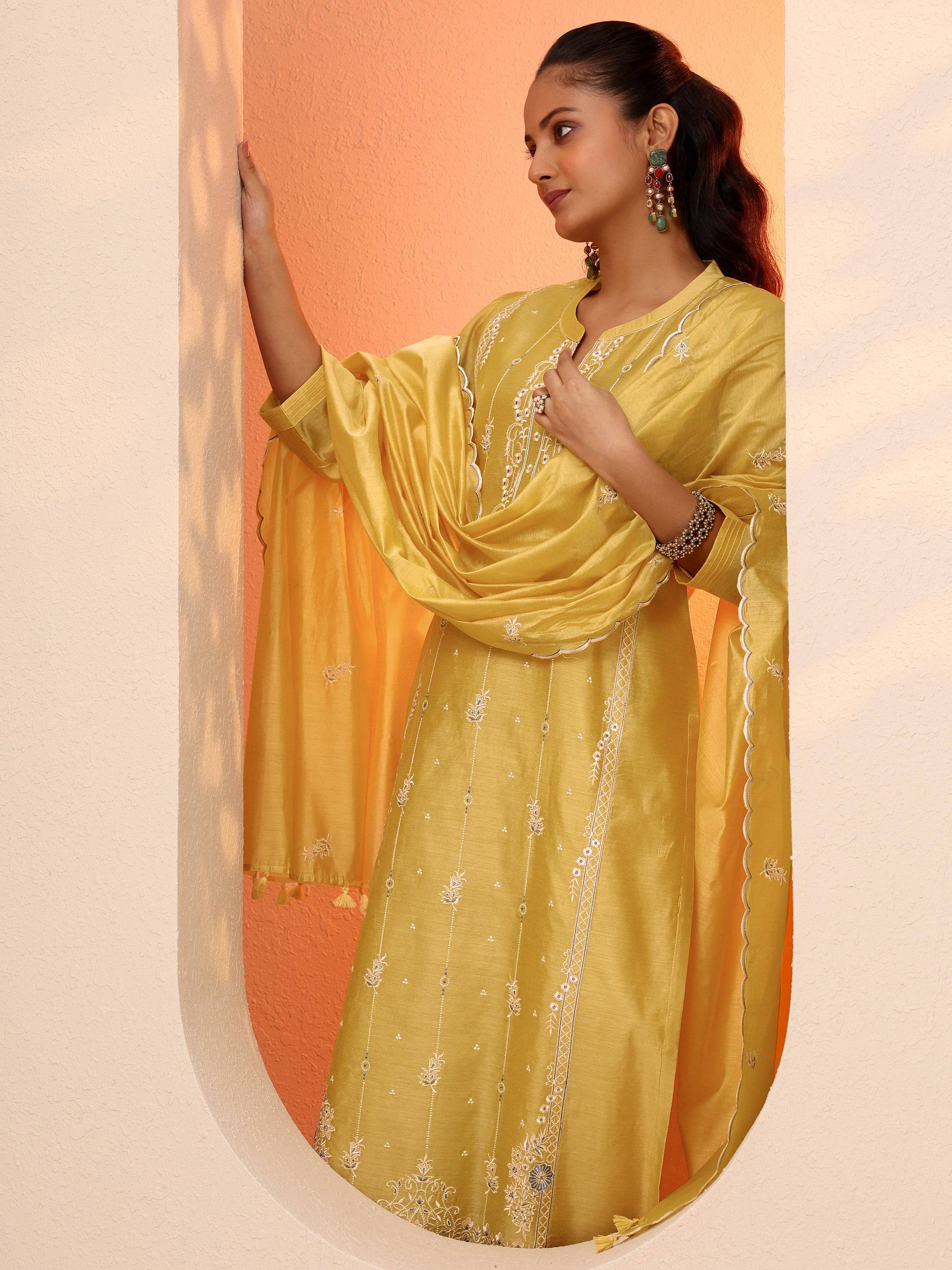 Yellow Embroidered Silk Blend Straight ... Buy only at ₹4499