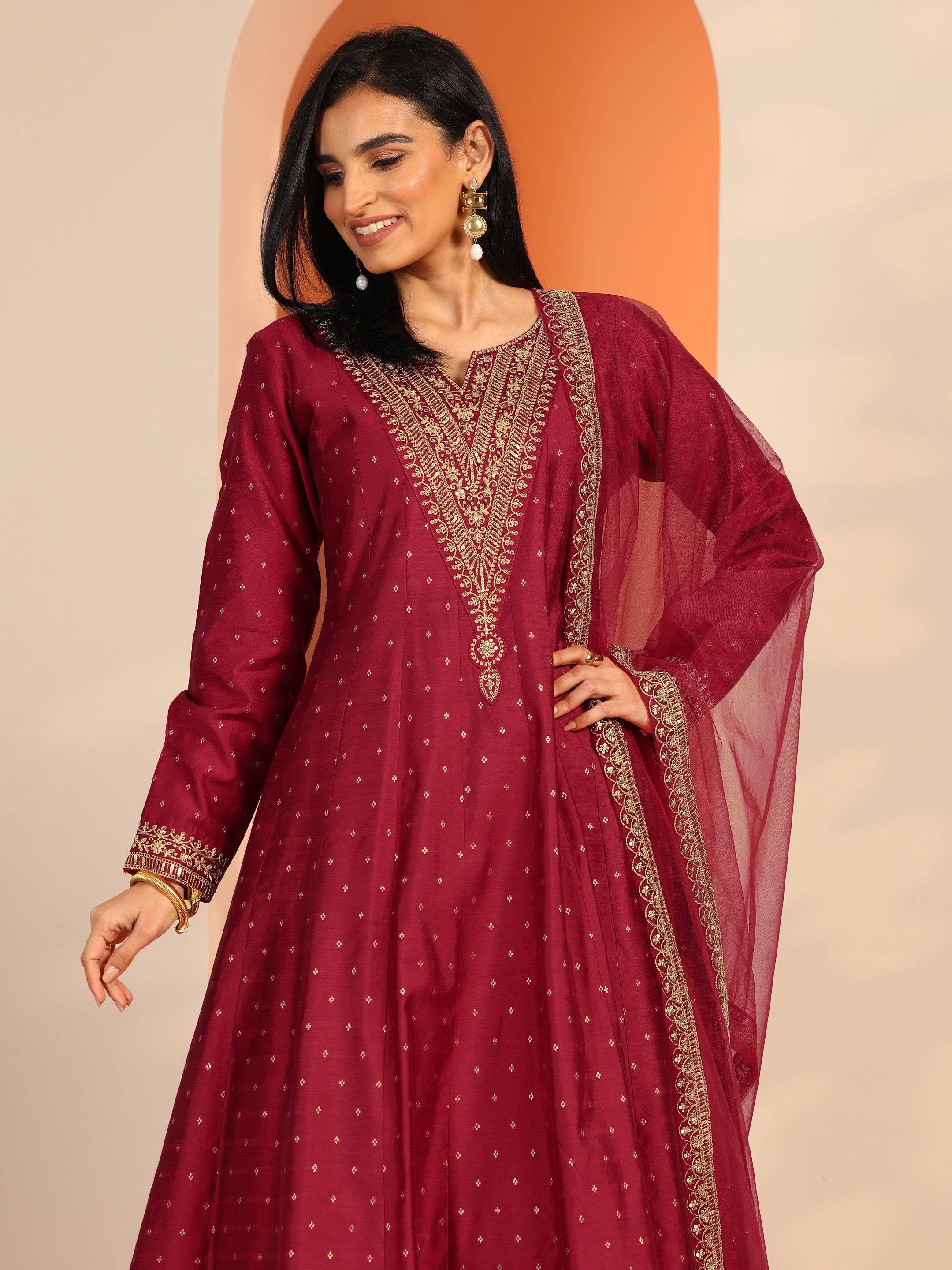 Red Woven Design Silk Blend A-Line Suit... Buy only at ₹5699