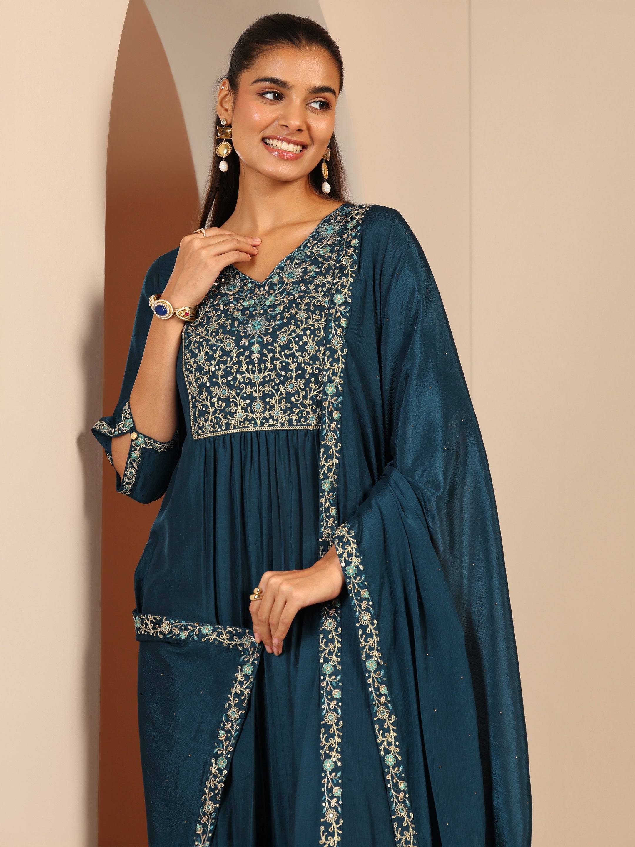 Teal Embroidered Silk Blend Straight Su... Buy only at ₹3999