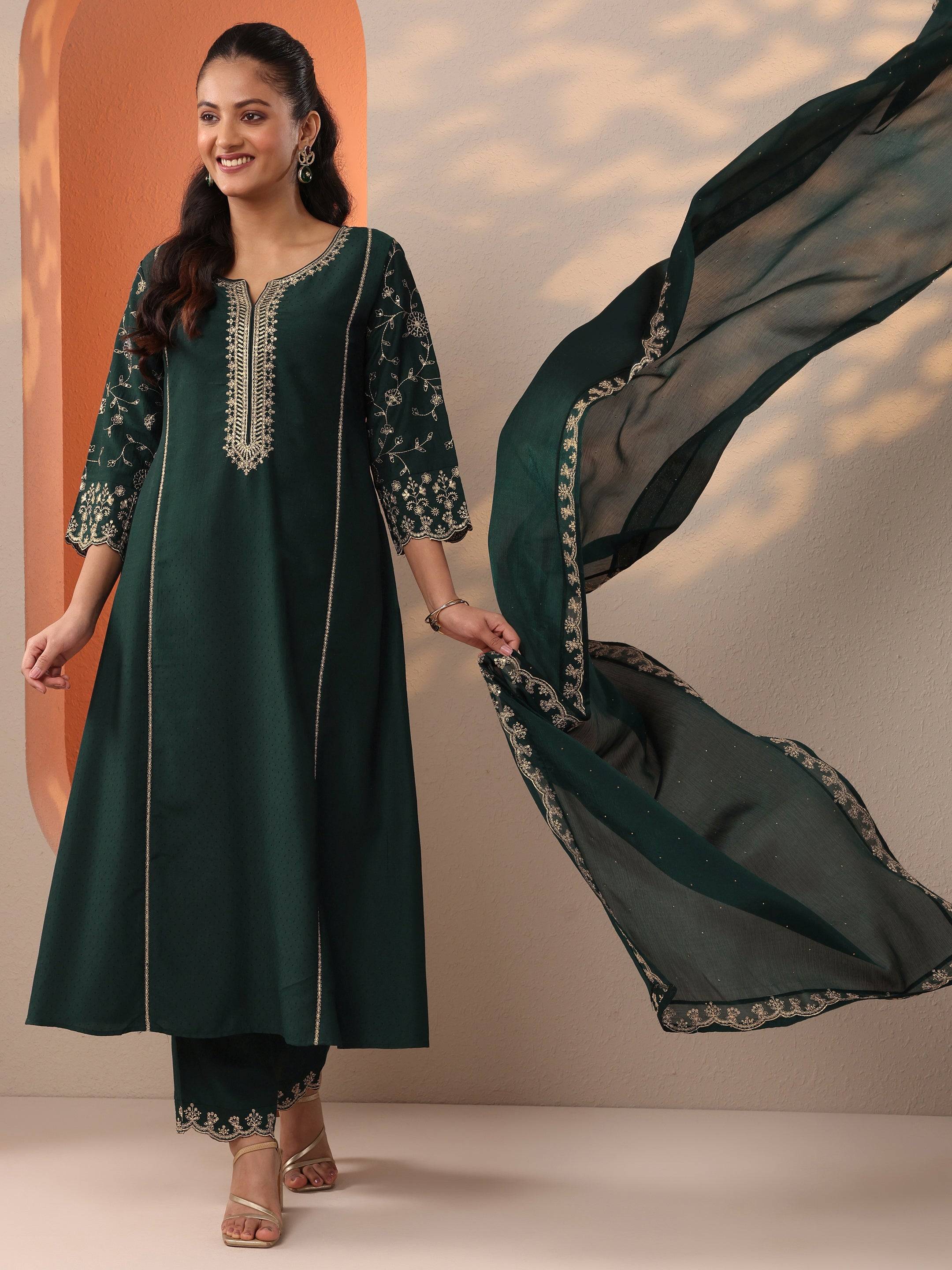 Green Embroidered Silk Blend A-Line Sui... Buy only at ₹4699
