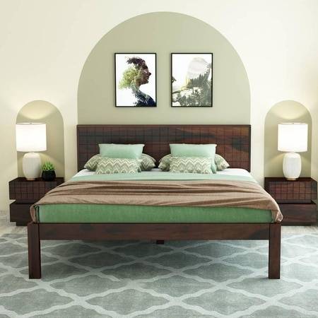 Esra Sheesham Wood Queen Size Bed Non Storage Walnut Finish (60 x 78 inches)