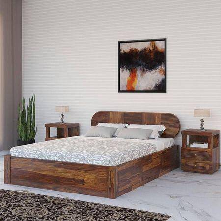 Woodwhiz Solid Wood Queen Bed With Drawer Storage In Provincial Teak Finish